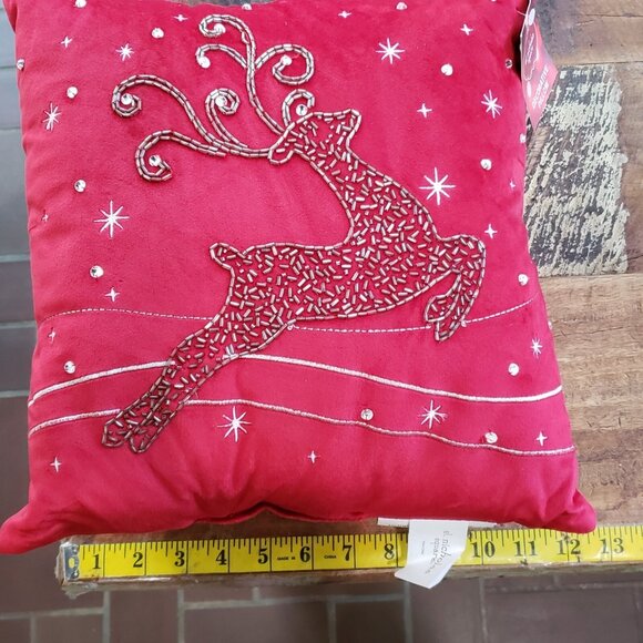 NEW St. Nicholas Square Beaded Reindeer Christmas Decor Red Pillow 12" X 12" - Picture 4 of 5